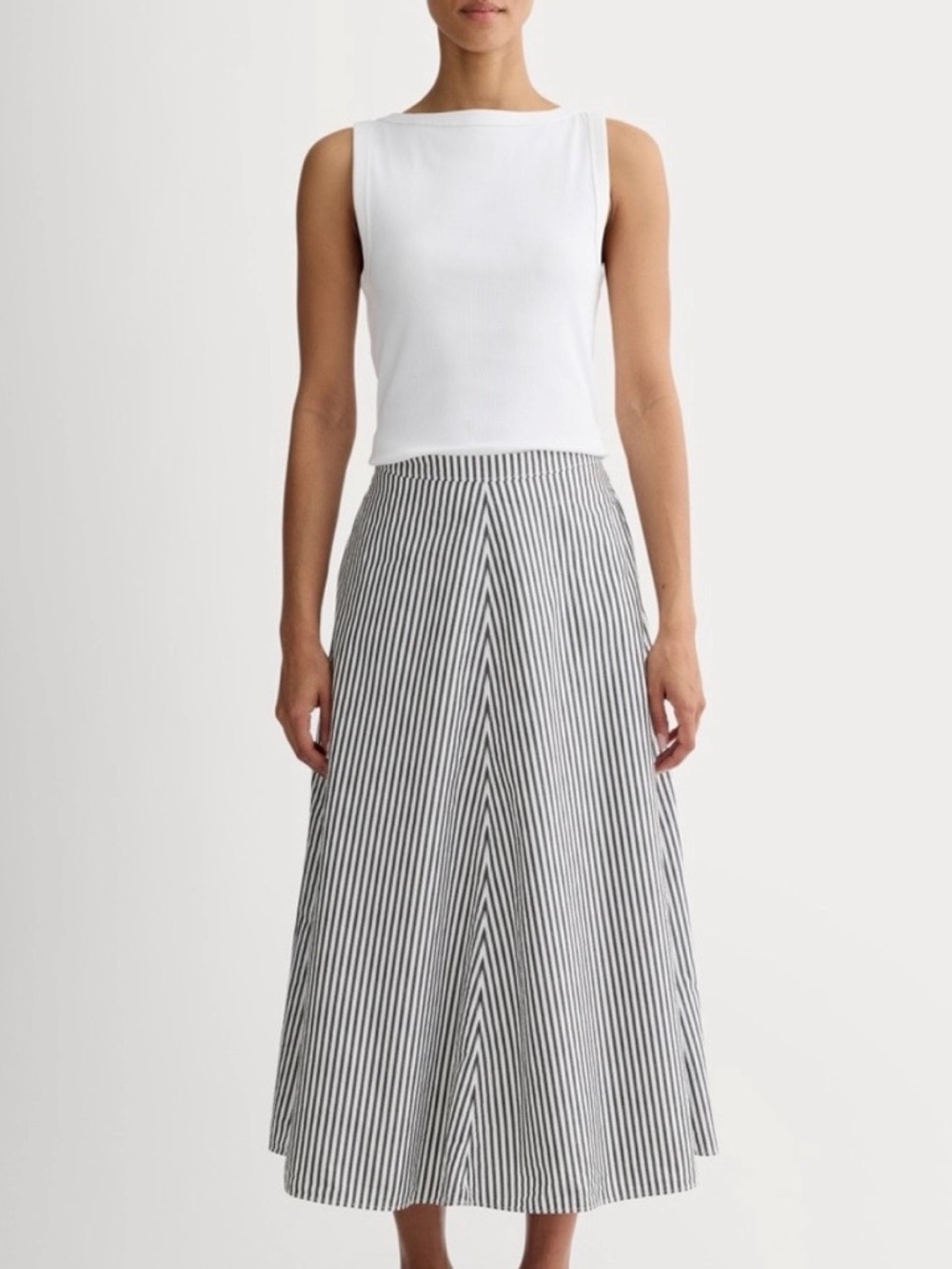 Everlane Seamed Midi Skirt in White and Gray Stripe